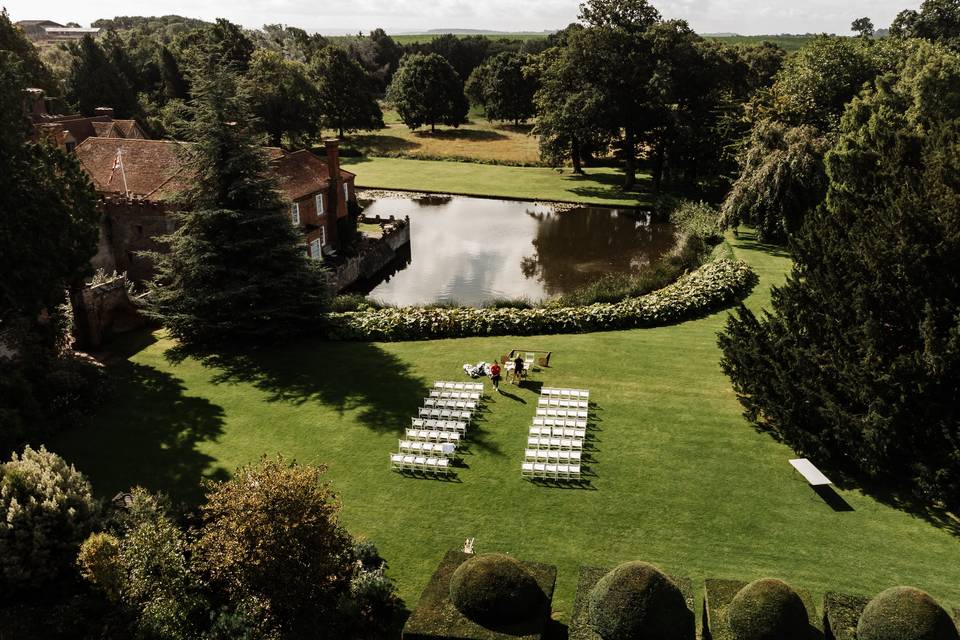 Birtsmorton Court moat and house view